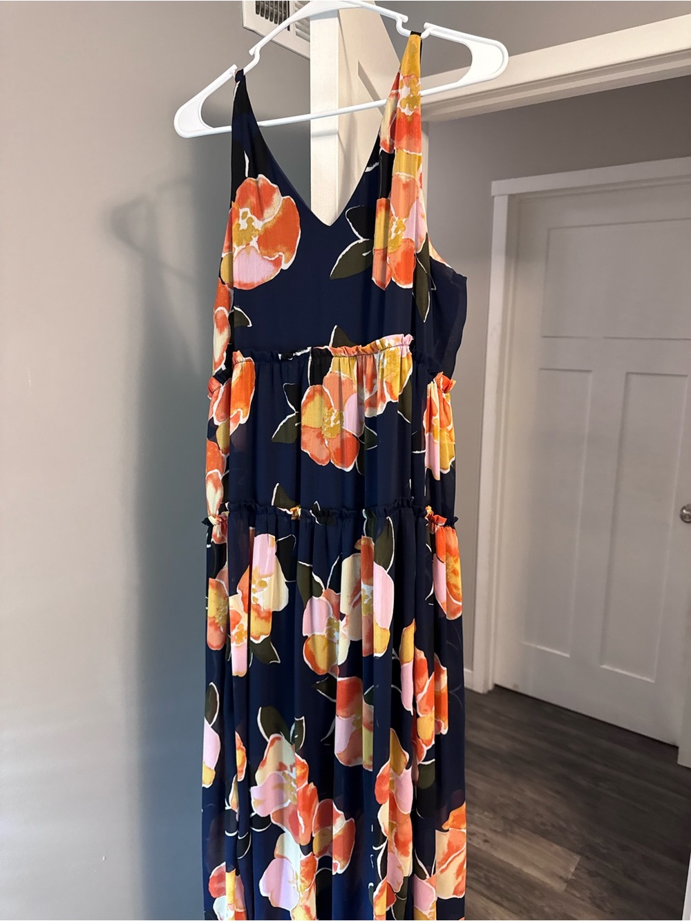 Maurices Navy Floral Maxi Dress with Orange and Pink Blooms